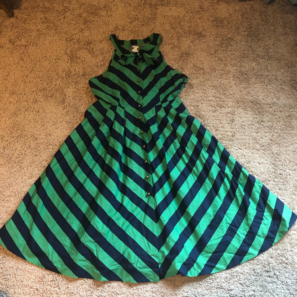 Green and Navy Stripped Fit and Flare Summer Dress